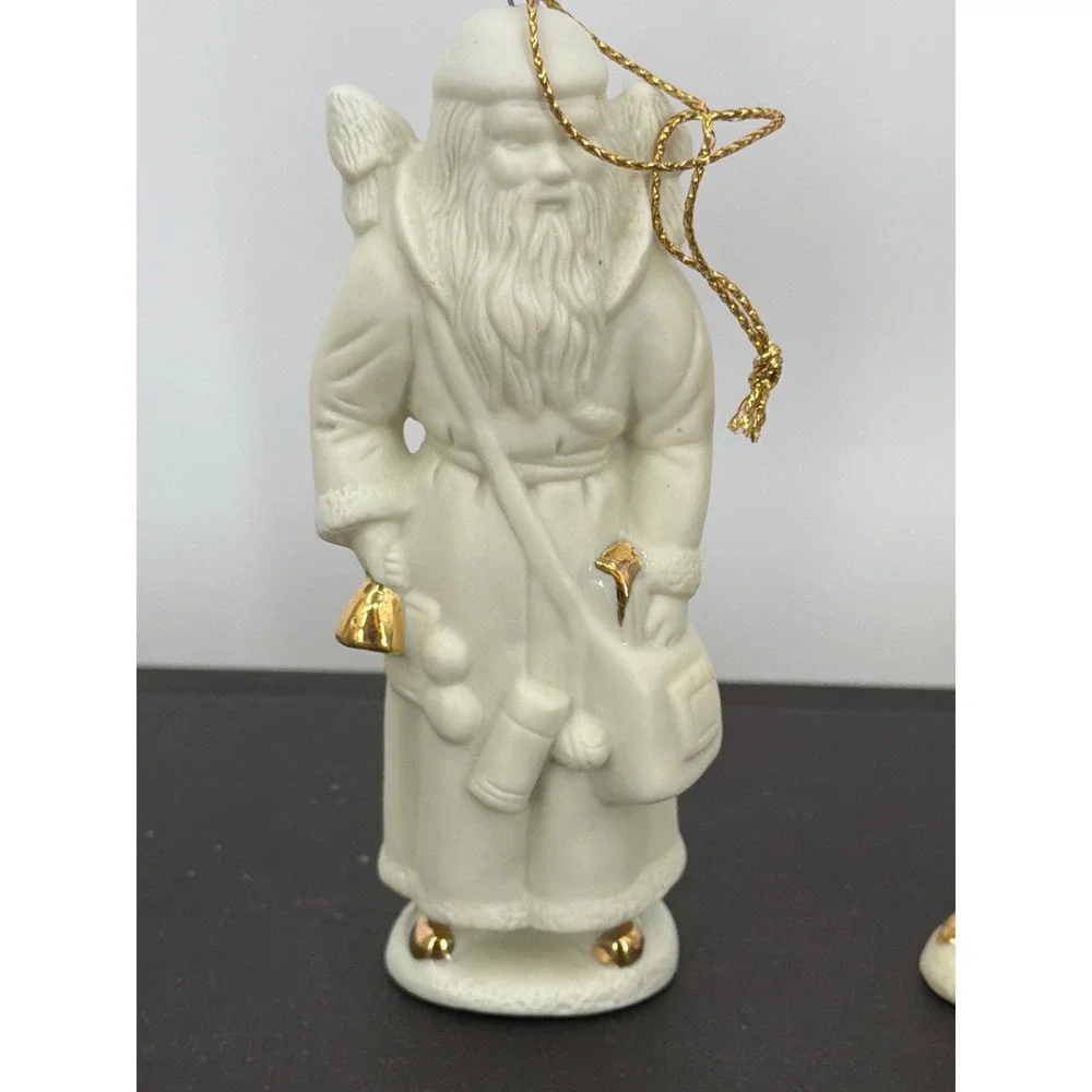Vintage White Bisque Porcelain Santa Claus Ornaments Gold Accents Set of 3